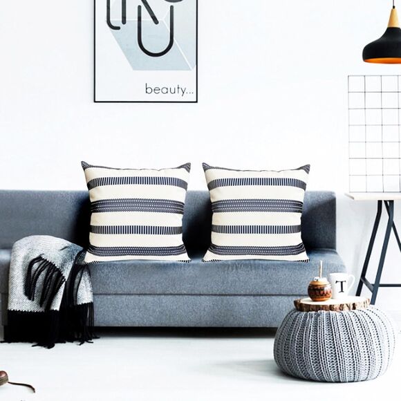 💙 New Set of 2 Blue Boho Striped Throw Pillow Covers – 18x18" Linen Style - Picture 2 of 6